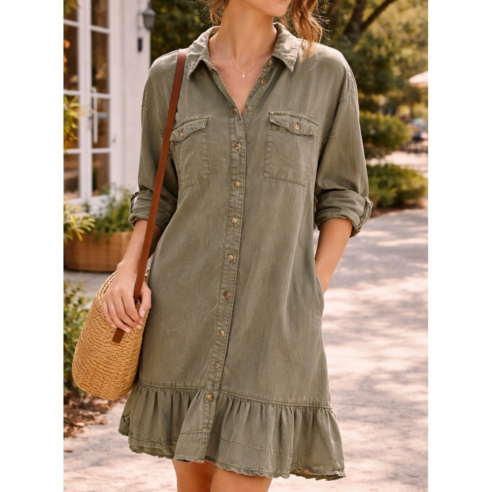 Pilcro Anthropologie Womens Boho Utility Tiered Mini Shirtdress Small Effortless